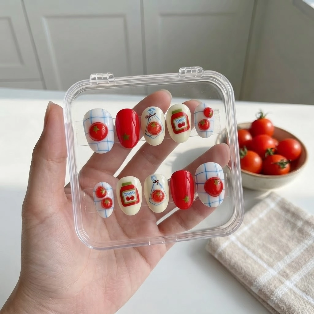 Red And White 3D Tomato Nail Art, Press On Nails, Quirky Summer Manicure