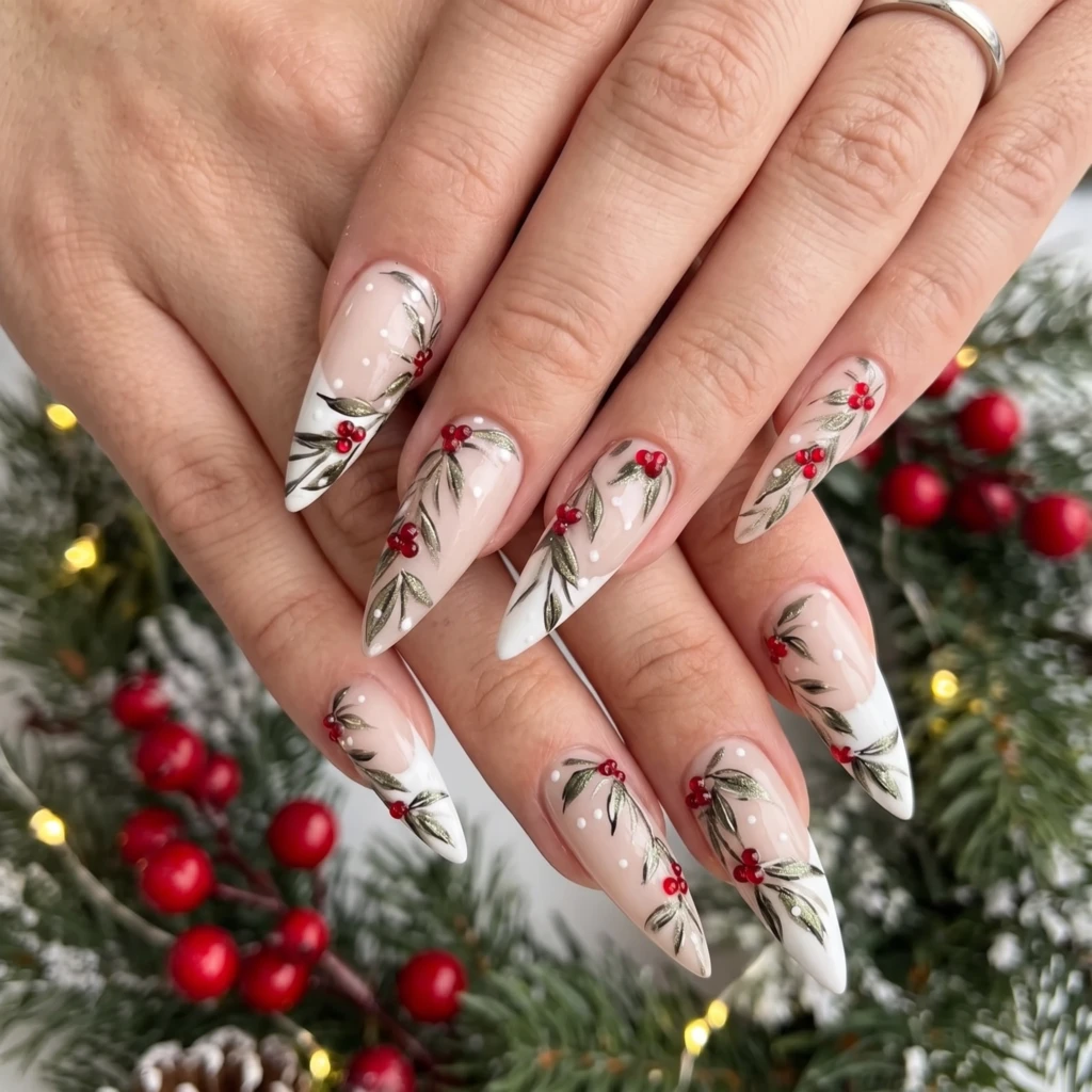 White Mistletoe Leaves, French Tip Stiletto Nails, Christmas Holiday Gift