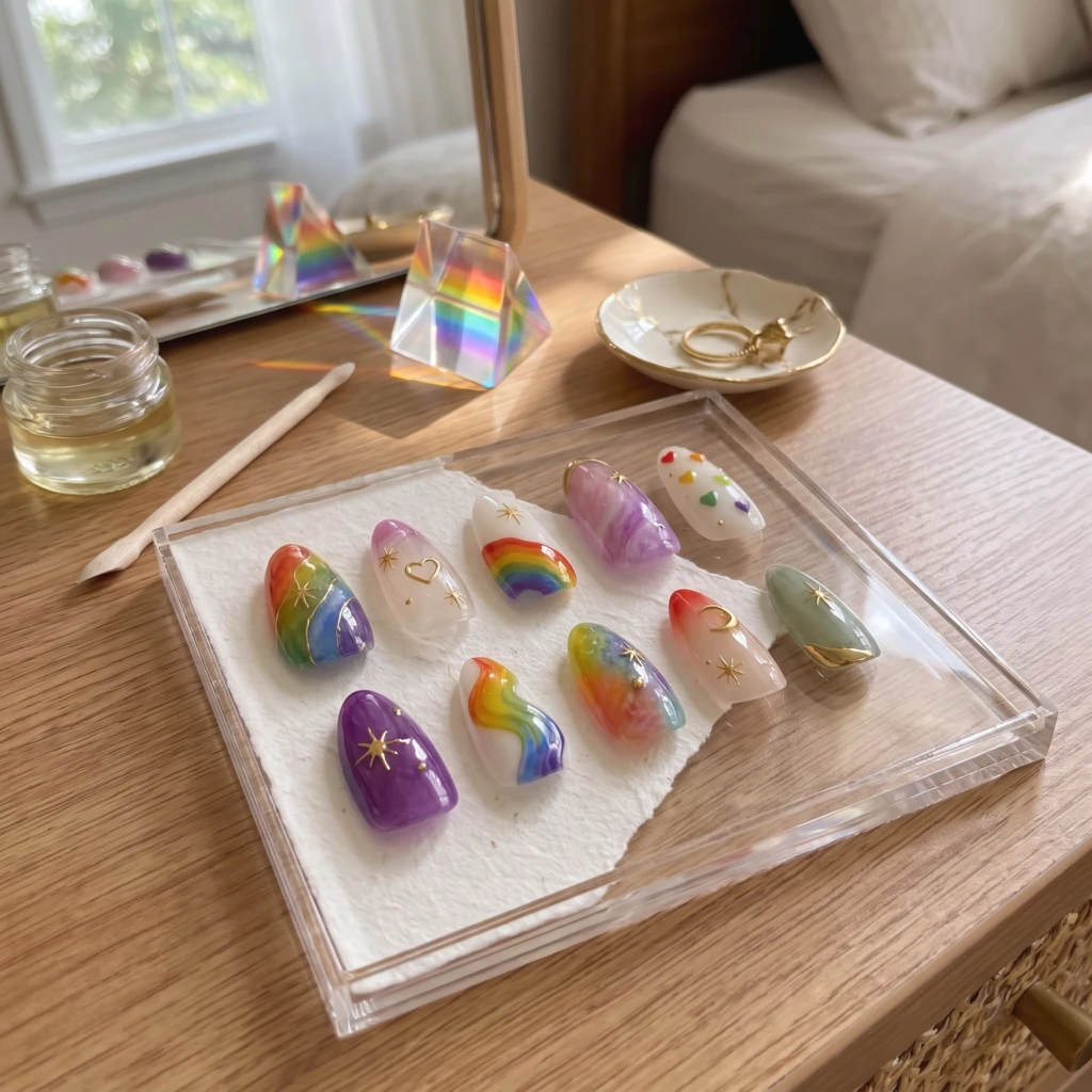 Rainbow Celestial Star Moon, Press On Nails Set, Pride Month Celebration