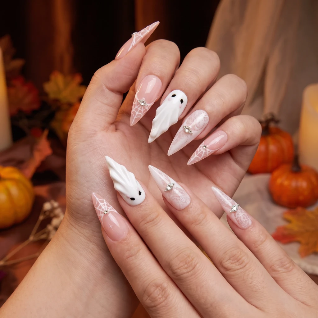 Pink Ghost Spiderweb With Rhinestones, Press On Nails, Halloween Party Gift