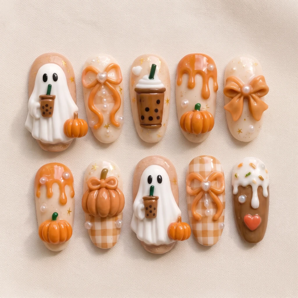 Orange 3D Ghost Boba And Pumpkin, Press On Nails, Cute Halloween Manicure