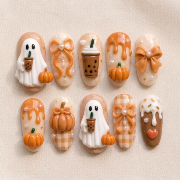 Orange 3D Ghost Boba And Pumpkin, Press On Nails, Cute Halloween Manicure