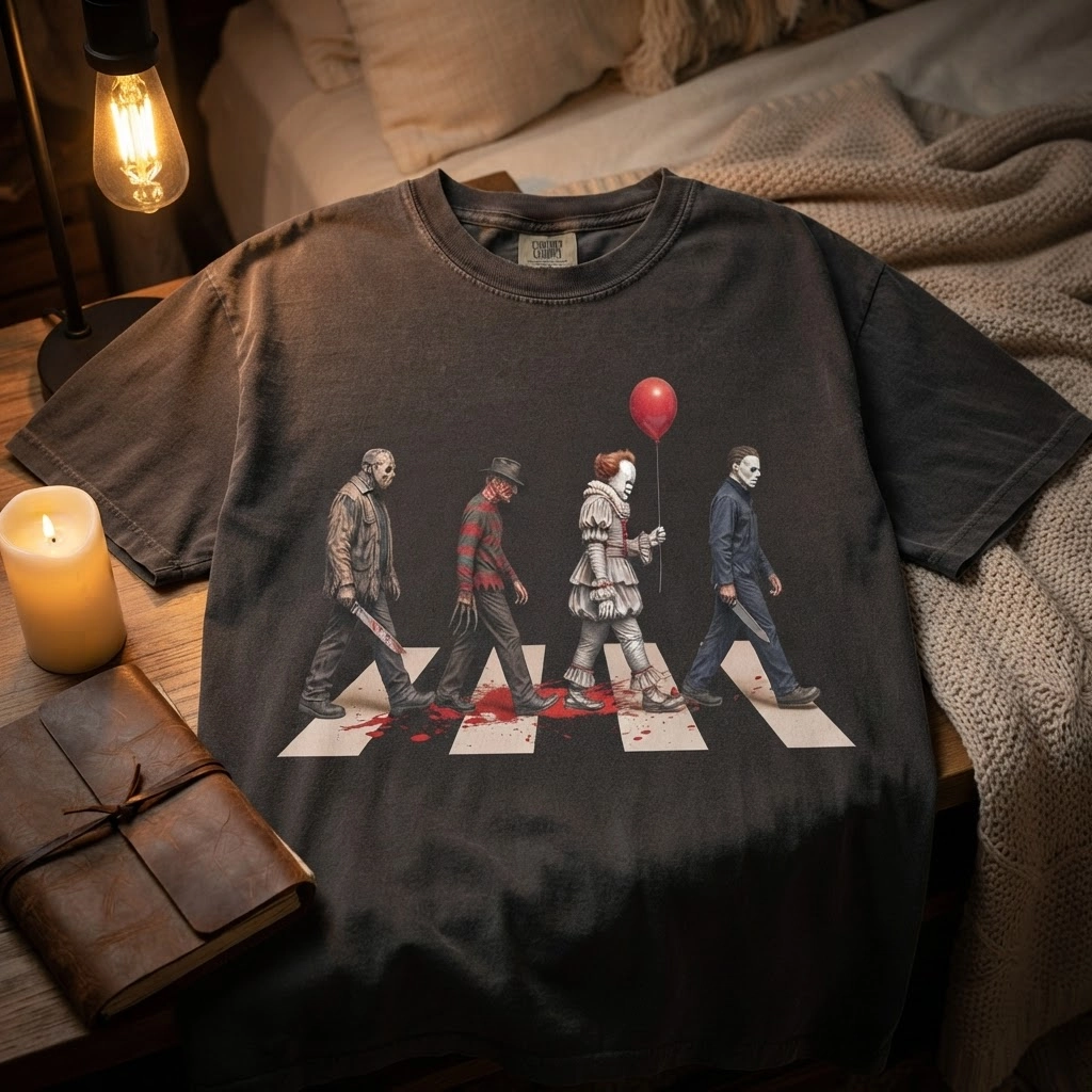 Vintage Horror Characters Abbey Road Shirt, Crewneck, Black Halloween Tee