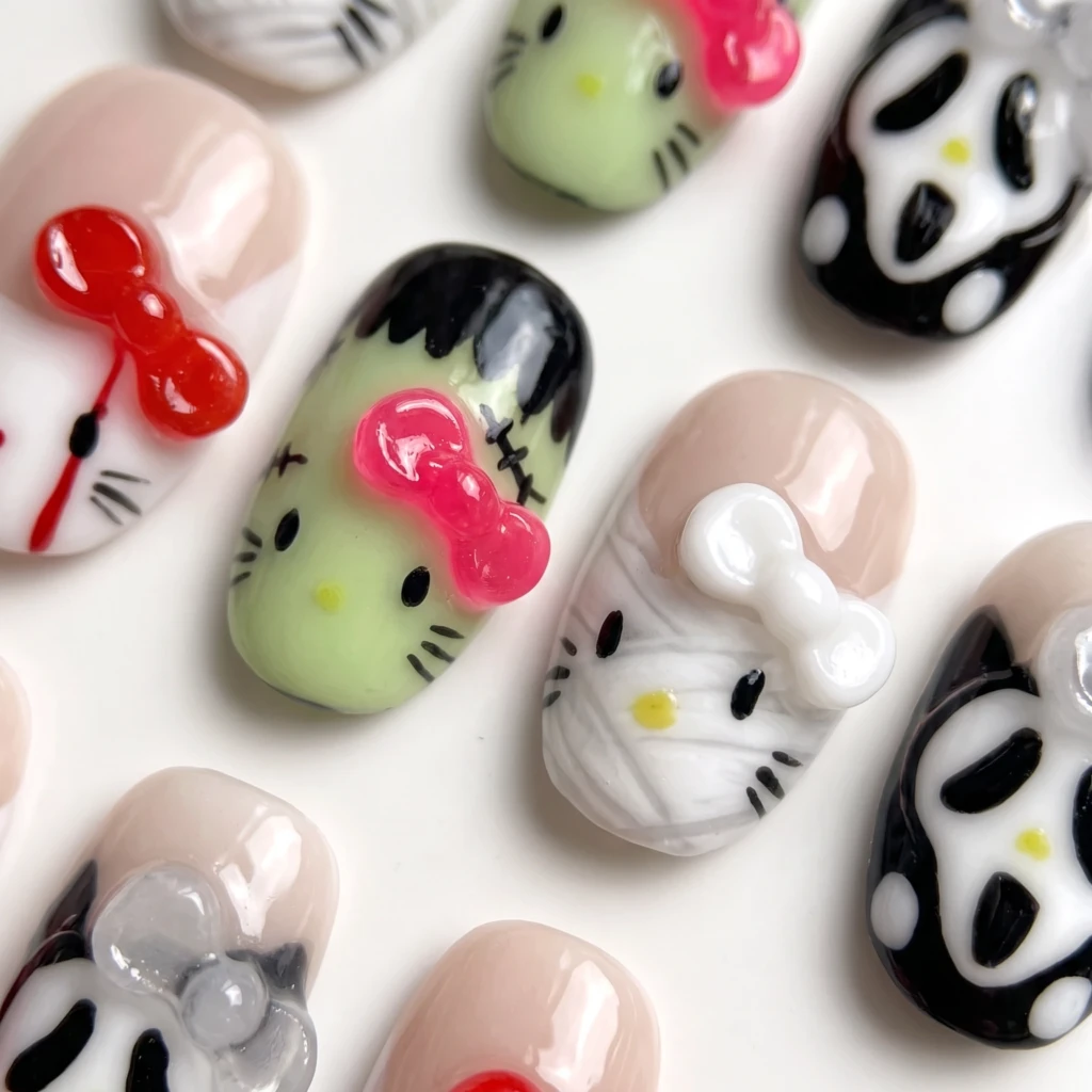 Multicolor Horror Kitty With 3D Bows, Gel Press On Nails, Halloween Gifts