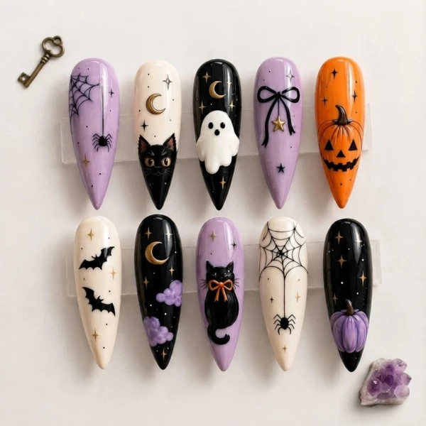 Purple And Black Cat Ghost Pumpkin Art, Press On Nails, Halloween Party