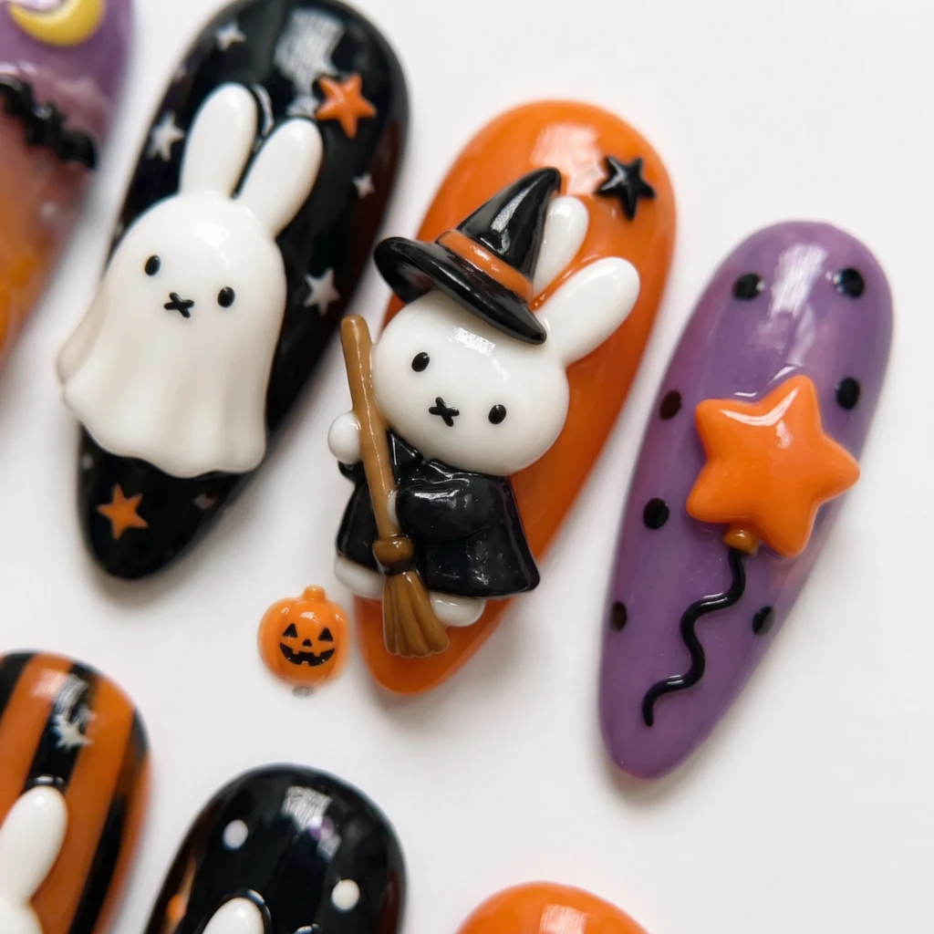 Orange Black Cute Bunny Witch, Almond Press On Nails, Halloween Party Wear