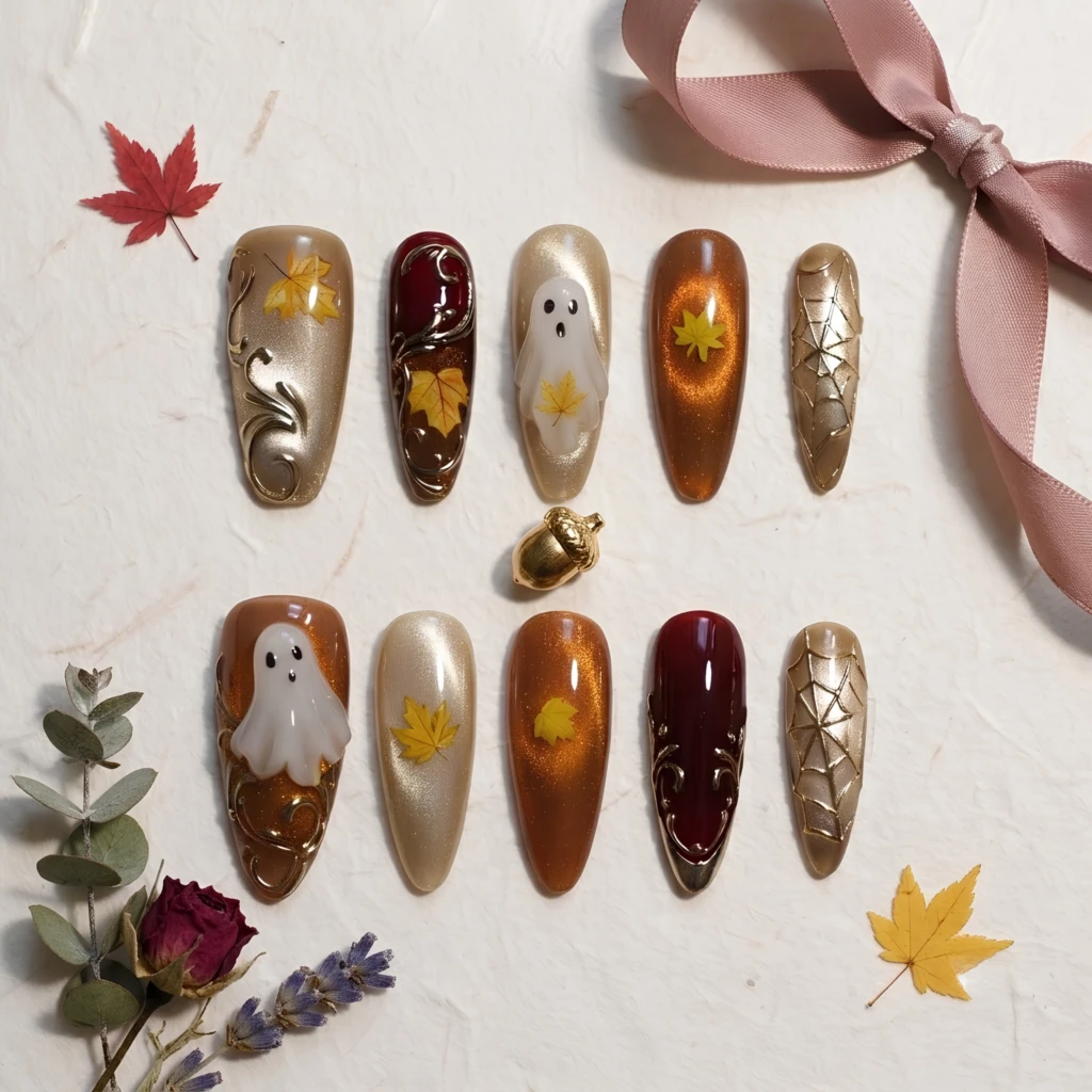Burgundy And Gold Ghost Charm, Stiletto Press On Nails, Fall Halloween Party