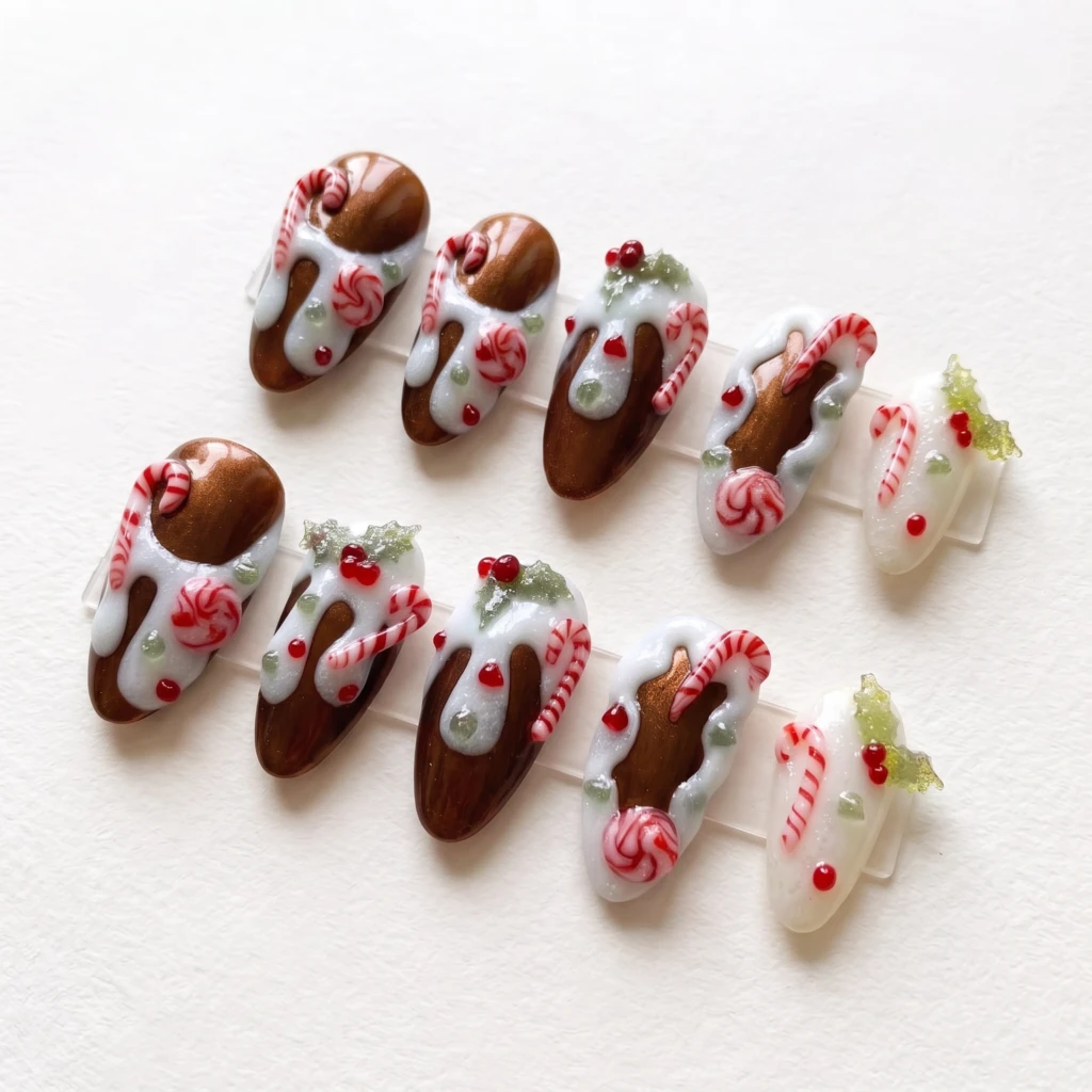 Brown 3D Candy Cane Icing, Almond Press On Nails, Festive Holiday Party