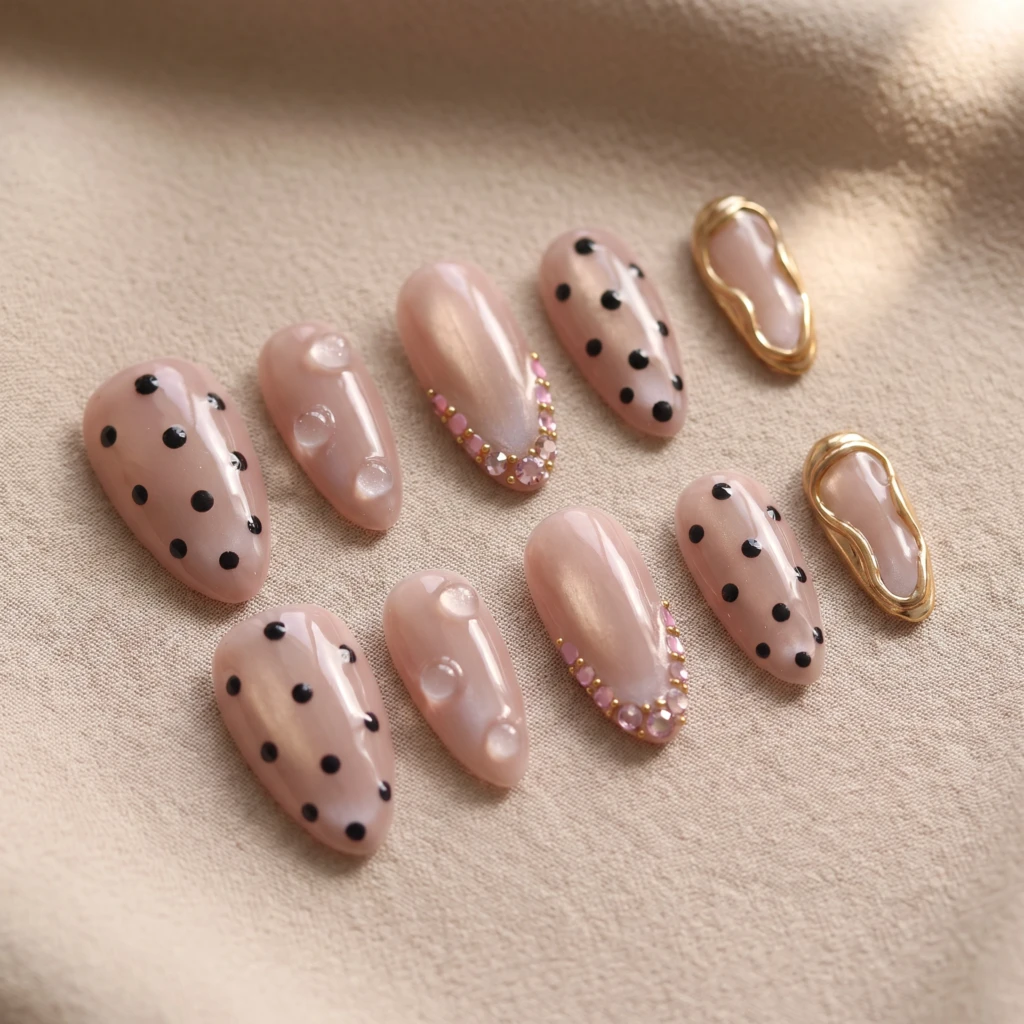 Pink Polka Dot And Gold Chrome, Almond Press On Nails, Elegant Daily Wear