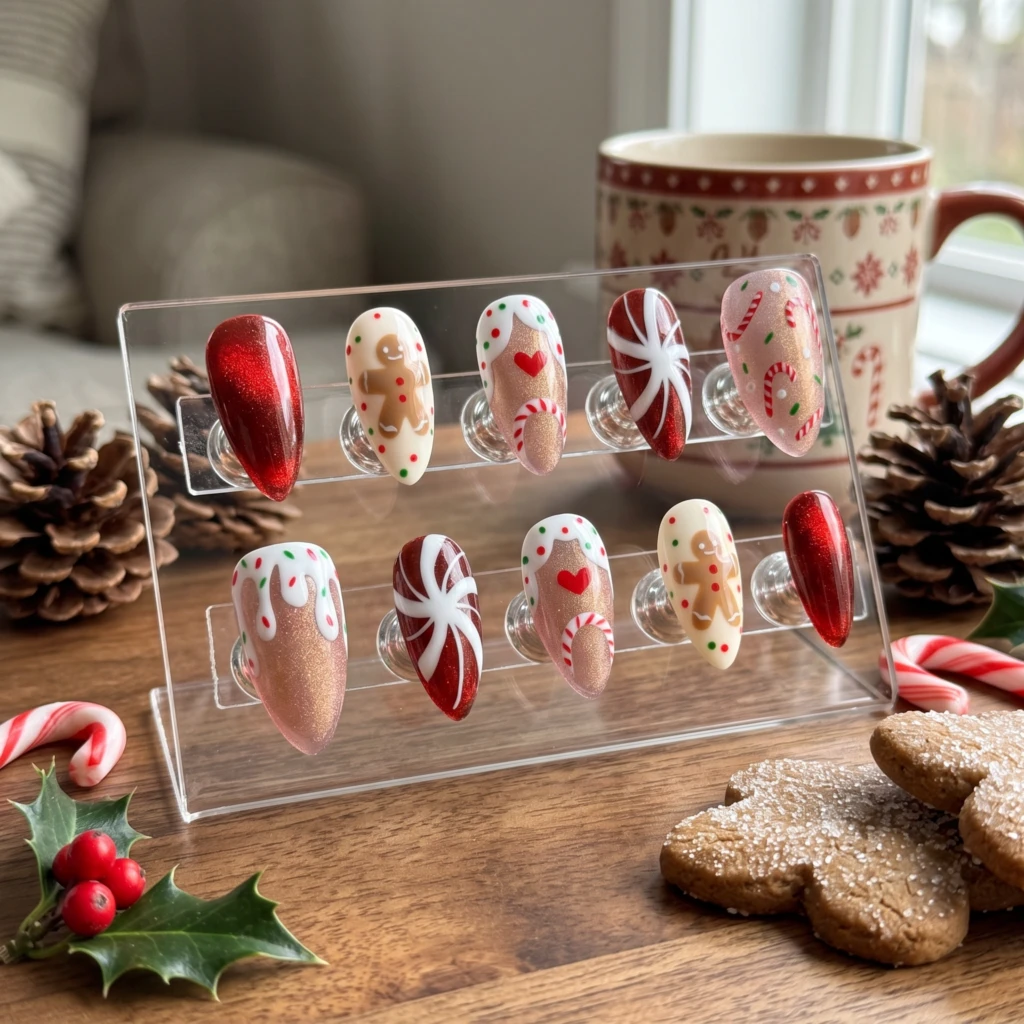 Red Glitter Gingerbread Men And Candy Cane, Almond Press On Nails, Holiday Gift
