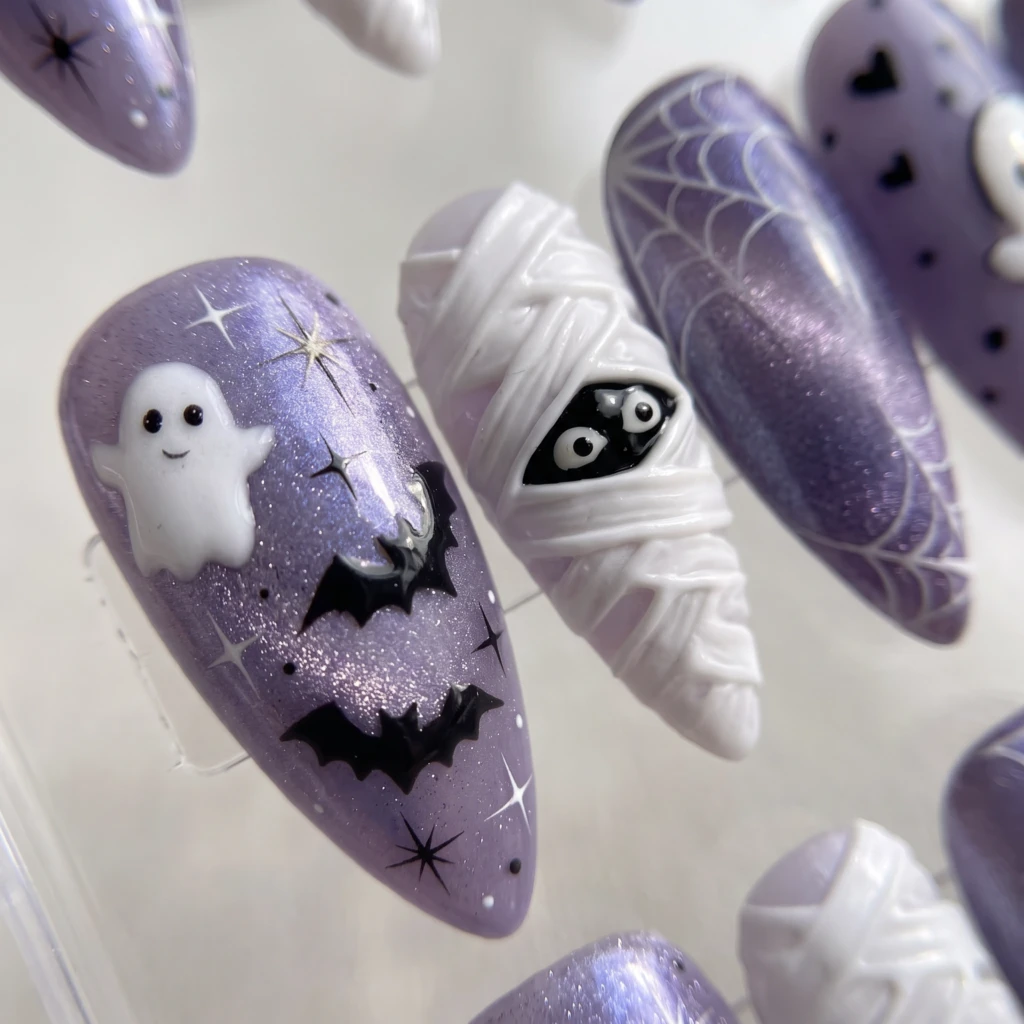Purple Ghost Mummy Bat Press-On Nails, Halloween Party Set