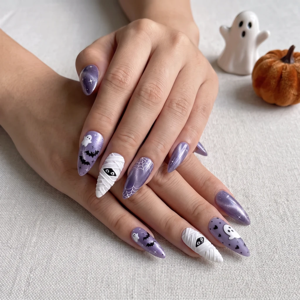 Purple Ghost Mummy Bat Press-On Nails, Halloween Party Set