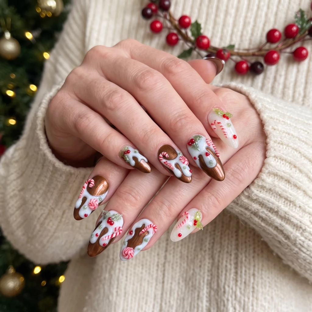 Brown 3D Candy Cane Icing, Almond Press On Nails, Festive Holiday Party