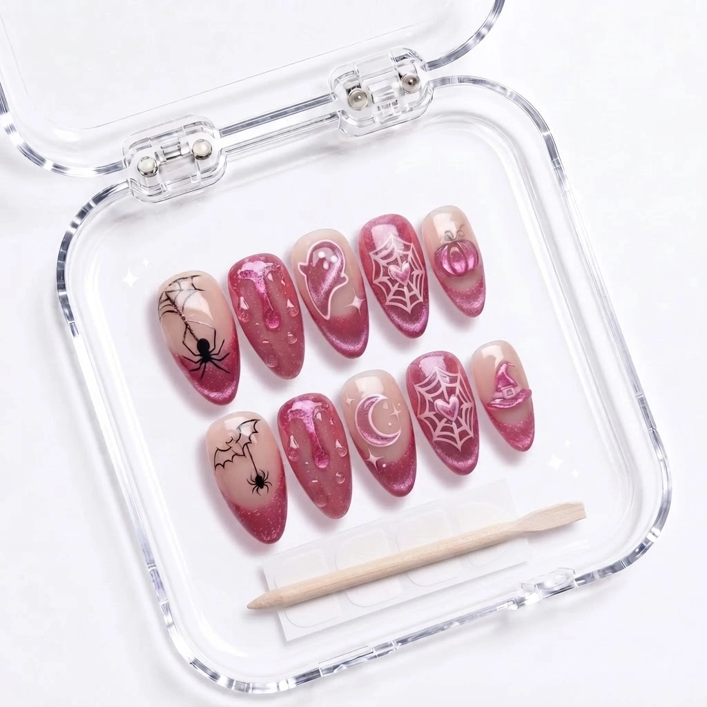 Pink Ghost And Spider Web Nail Art, Press On Nails, Halloween Gift For Her