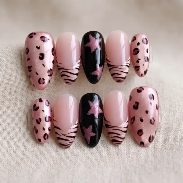 Pink Leopard Star Zebra Design, Y2K Press On Nails, Night Party Gift Idea