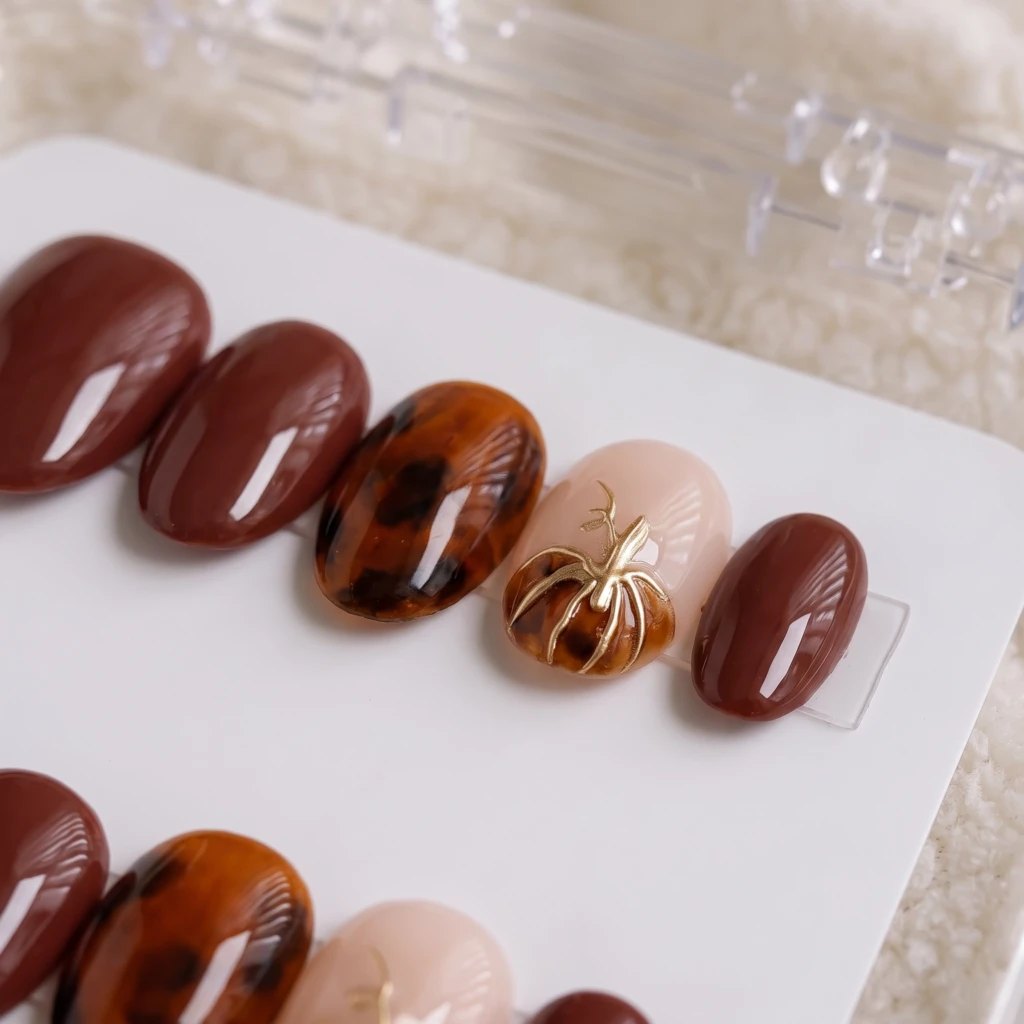 Burgundy Tortoiseshell Pumpkin Art, Press On Nails, Autumn Harvest Manicure