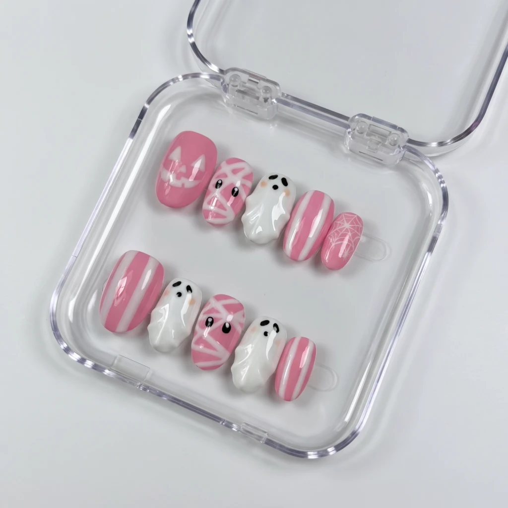 Pink Ghost And Mummy Pattern, Handmade Press On Nails, Spooky Halloween Gift