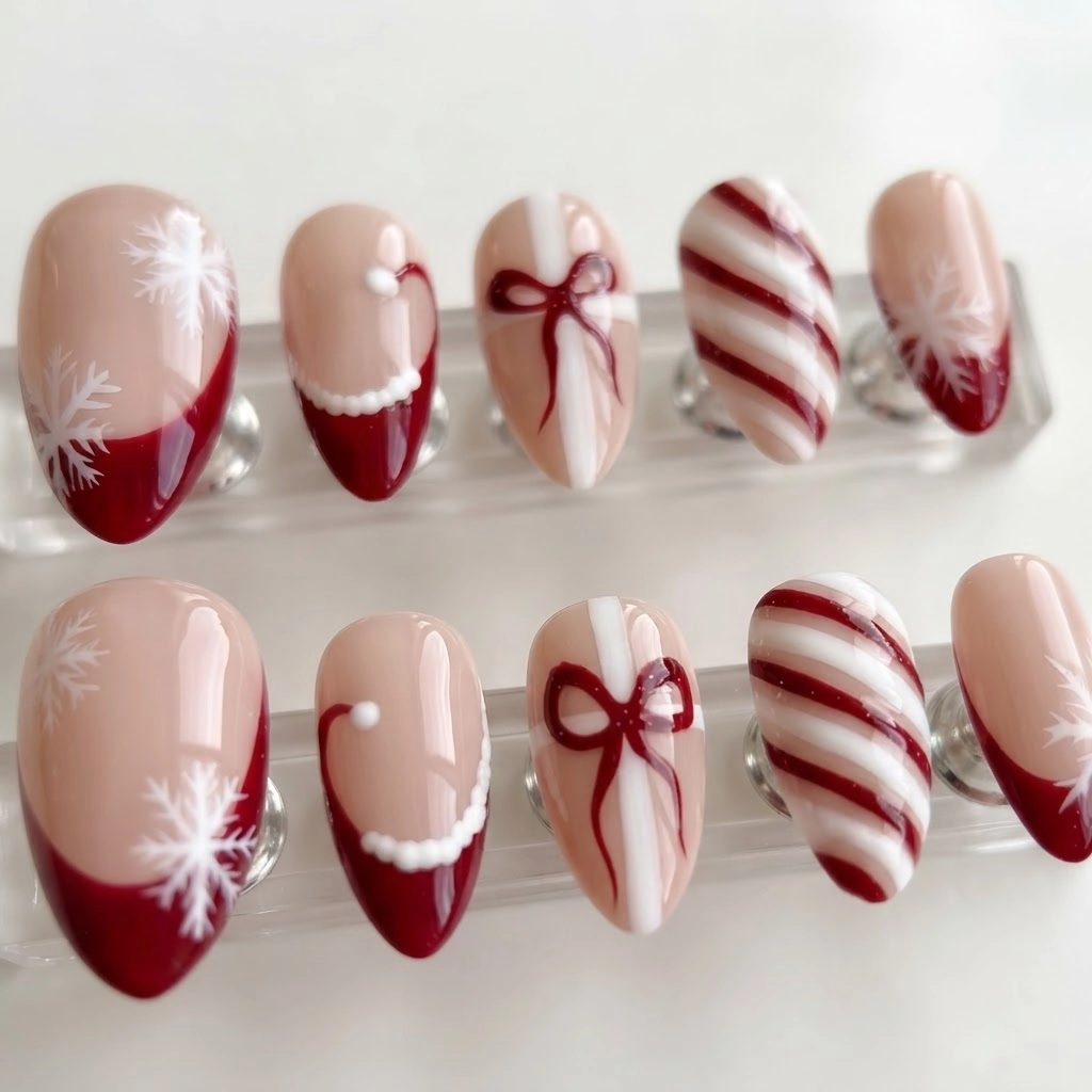 Red White Snowflake Bow Design, Handmade Press-On Nails, Christmas Holiday