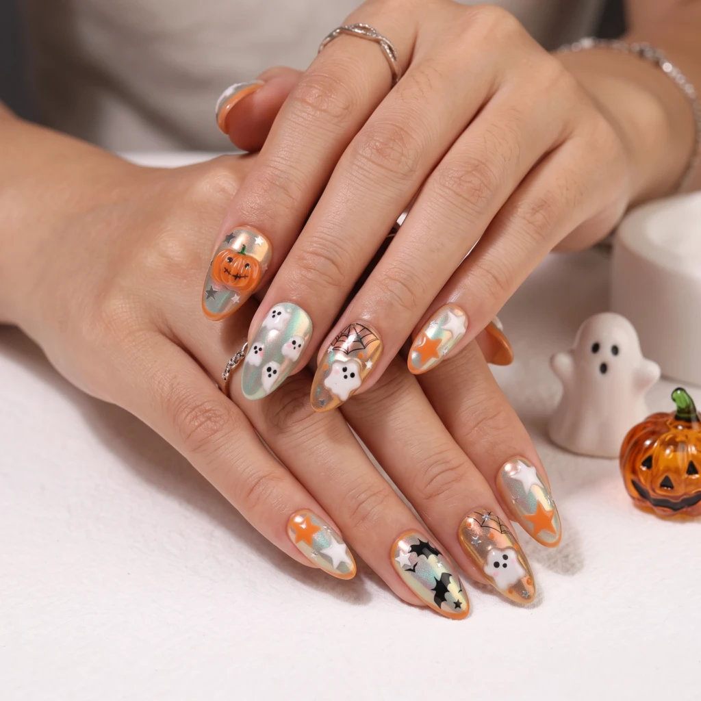 Orange Green 3D Ghost Pumpkin, Medium Almond Nails, Kawaii Halloween Nail Art