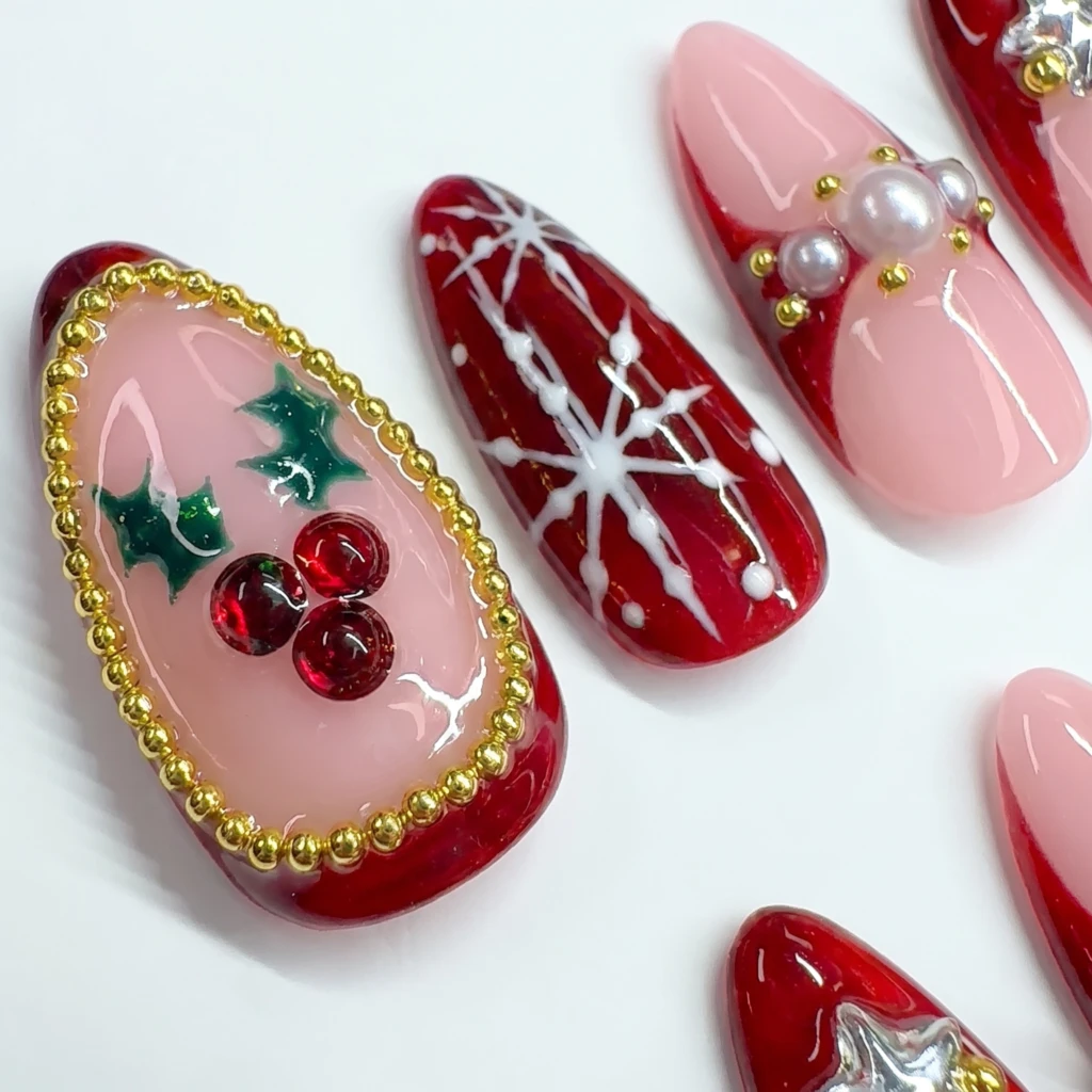 Red And Pink Christmas Accents, Almond Press On Nails, Holiday Party Look