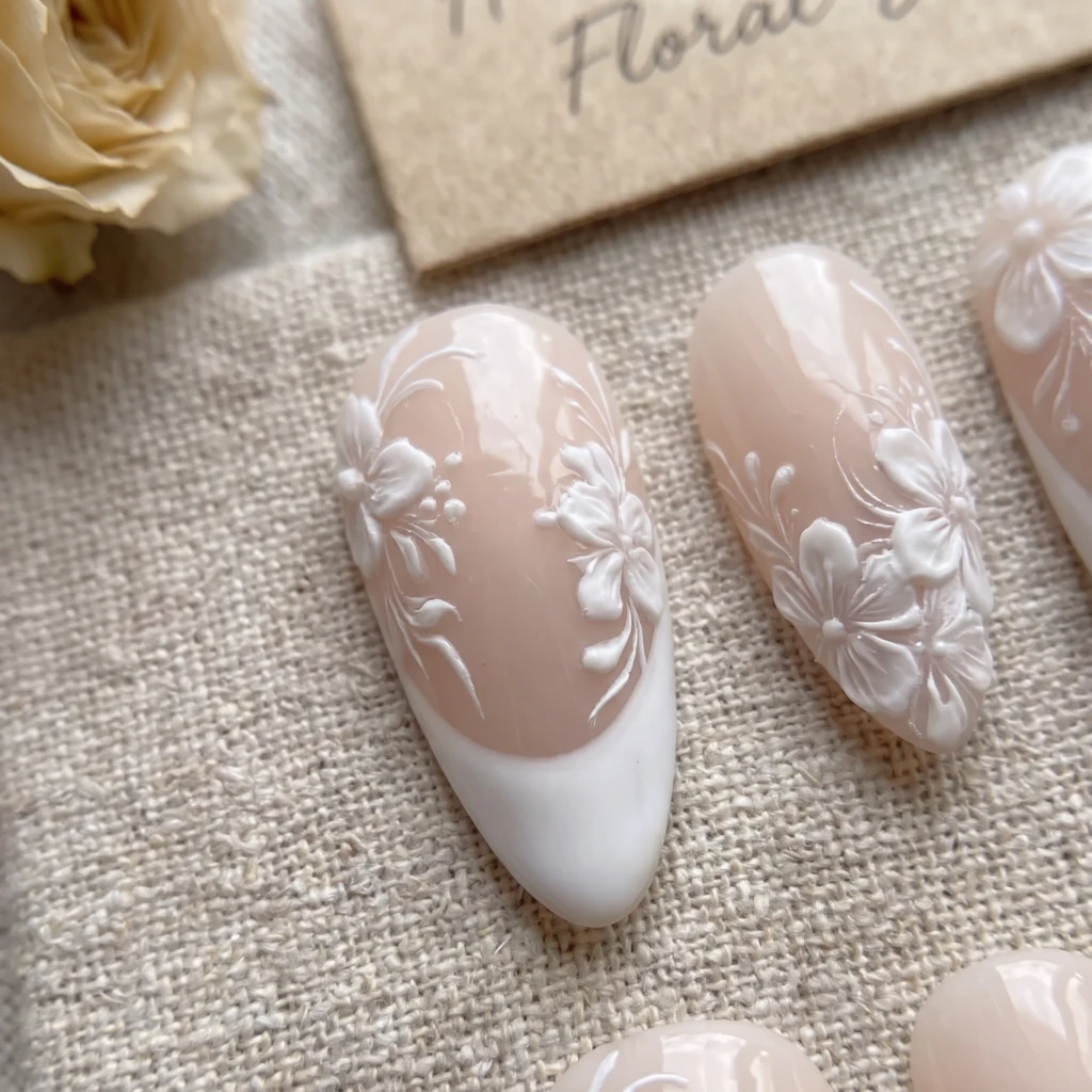 White 3D Floral French Tips, Almond Press On Nails, Bridal Wedding Manicure