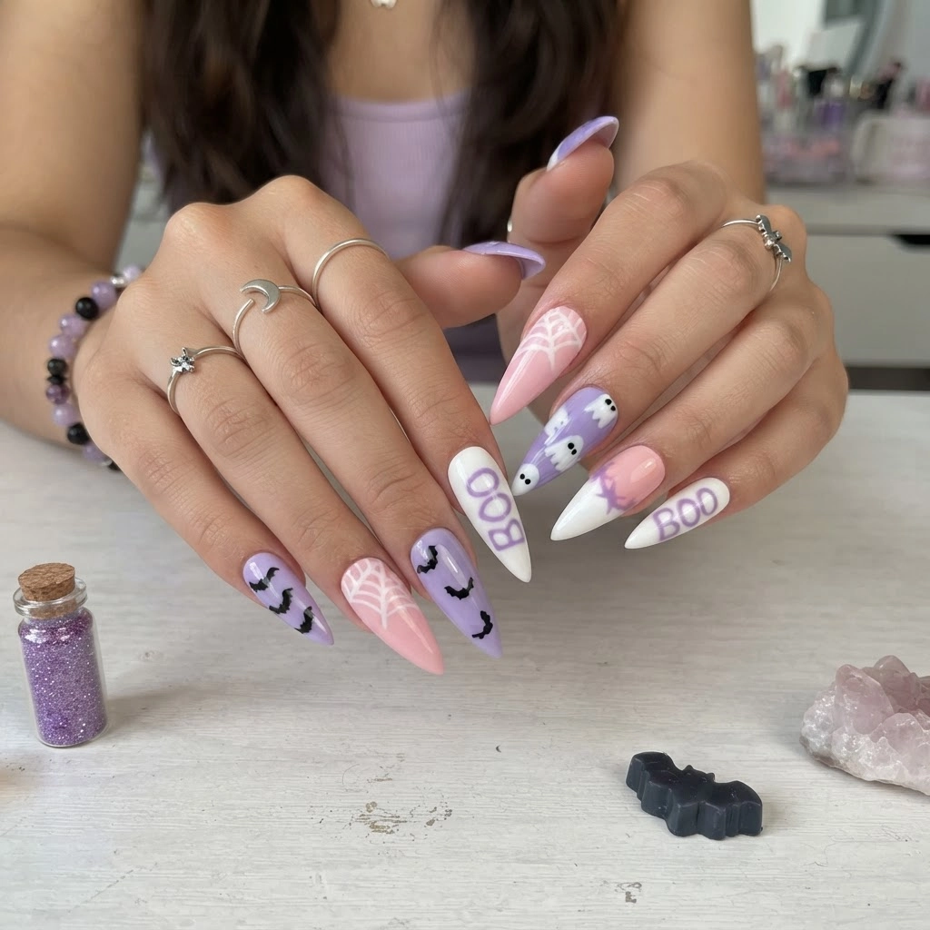 Pastel Pink And Purple Ghost Bat, Stiletto Press On Nails, Halloween Manicure
