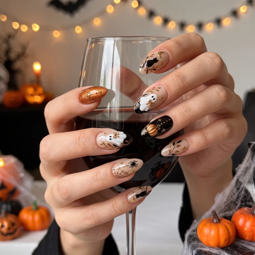 Black Copper Ghost And Pumpkin Art, Almond Press On Nails, Halloween Party