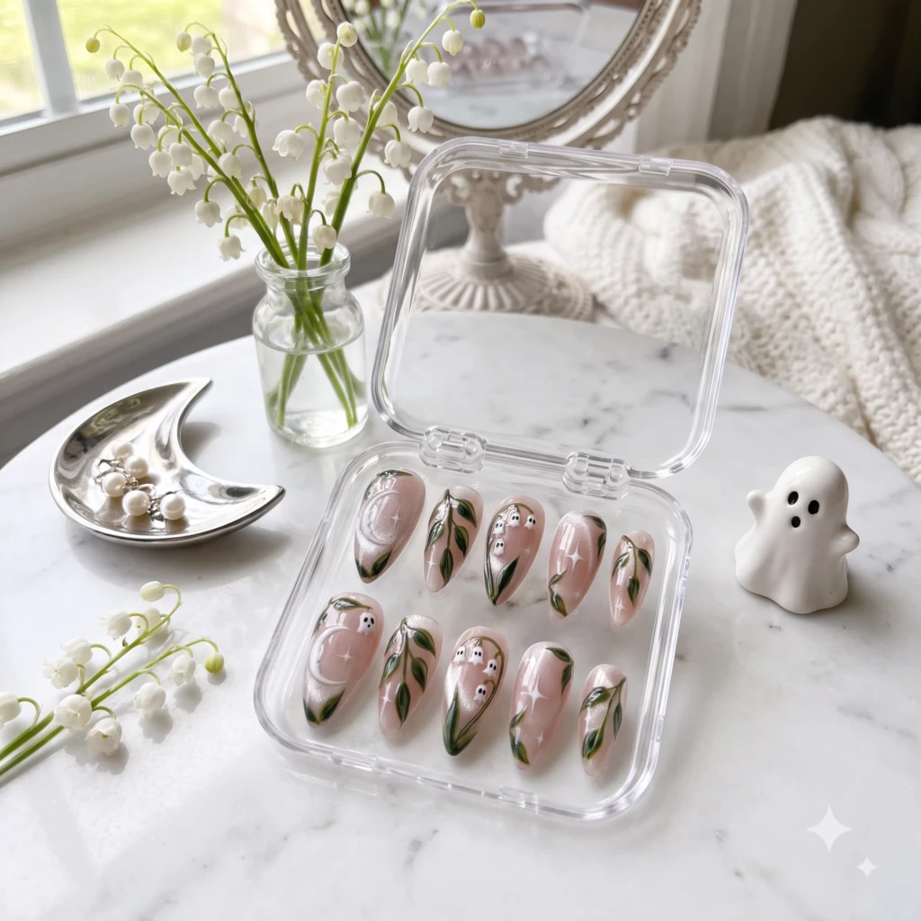 Nude Shimmer Ghost Lily Valley, Almond Press On Nails, Halloween Gift Set