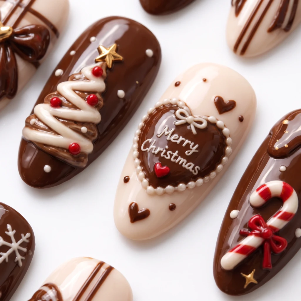 Chocolate Brown Christmas Candy And Bows, Press On Nails, Festive Holiday Gift