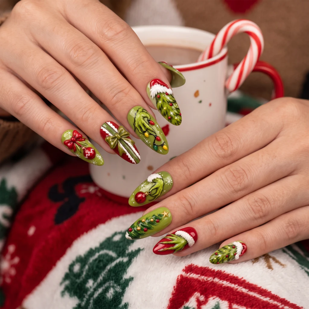 Green And Red Christmas Bow Tree Art, Press On Nails, Holiday Party Gift