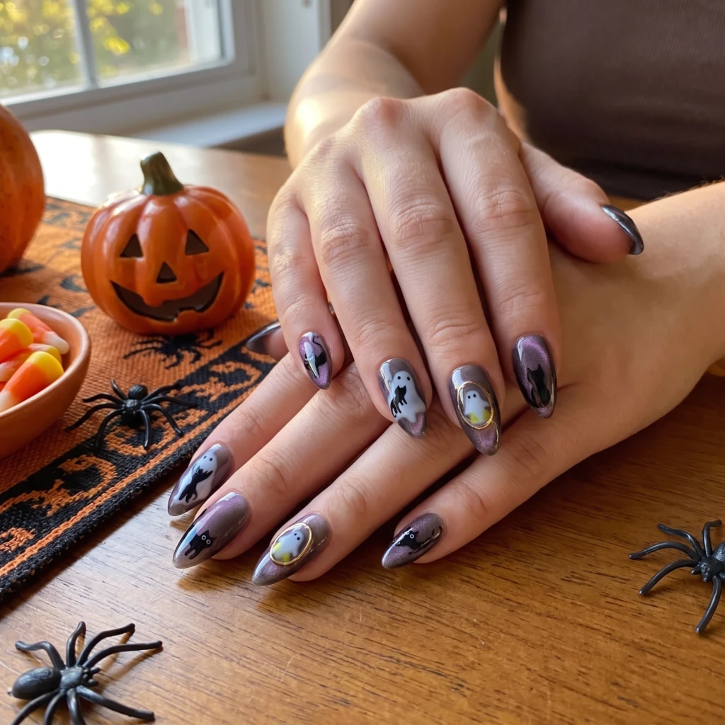 Dark Purple Ghost And Black Cat, Almond Press On Nails, Cute Halloween Party