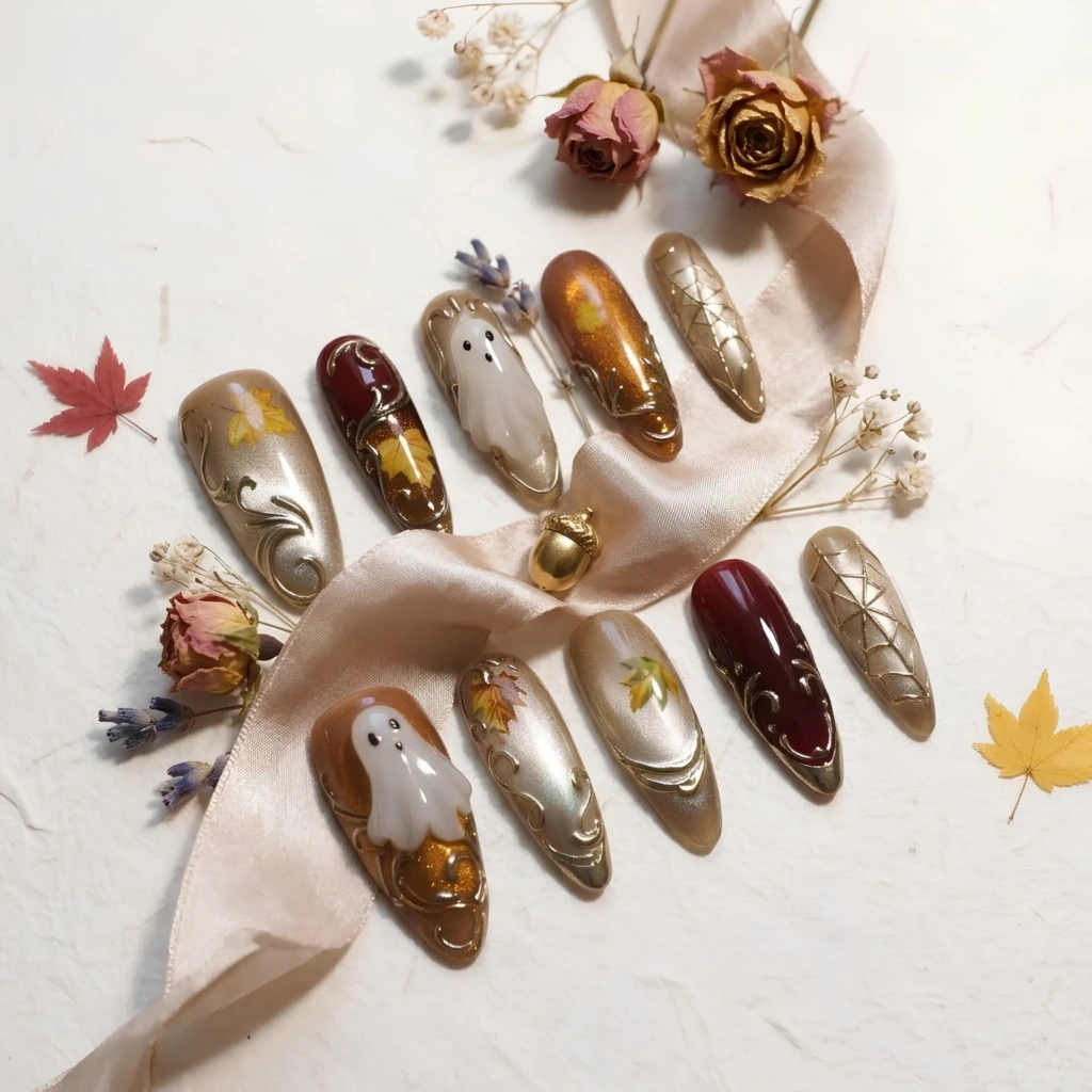 Burgundy And Gold Ghost Charm, Stiletto Press On Nails, Fall Halloween Party