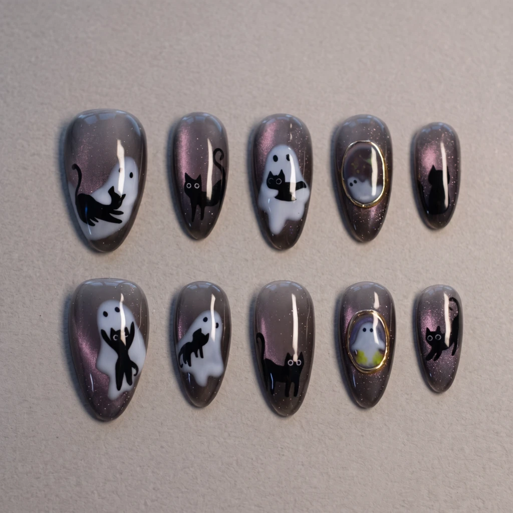 Dark Purple Ghost And Black Cat, Almond Press On Nails, Cute Halloween Party