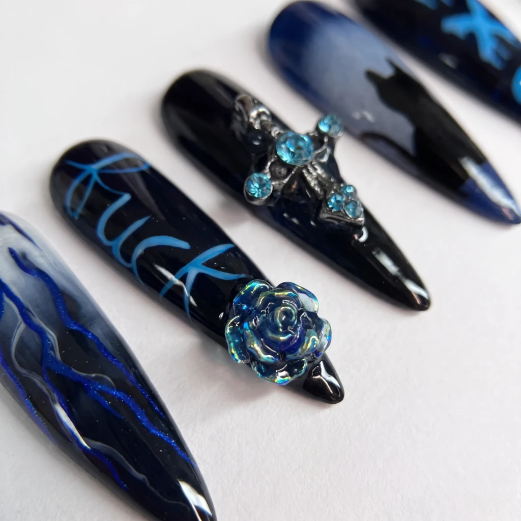 Black And Blue Gothic Rose Lightning Bolt, Press On Nails, For Party Wear