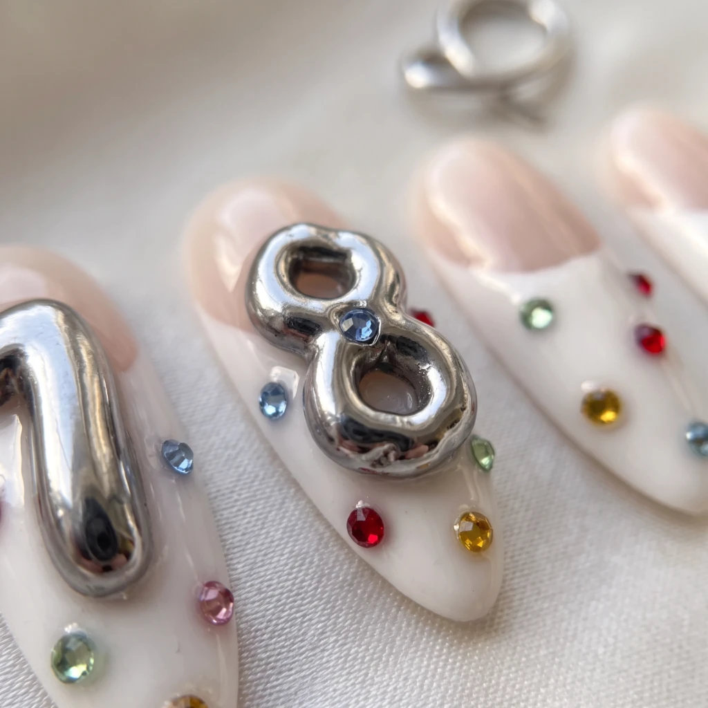 White French 3D Silver Number Gems, Glamorous Press On Nails, Birthday Present