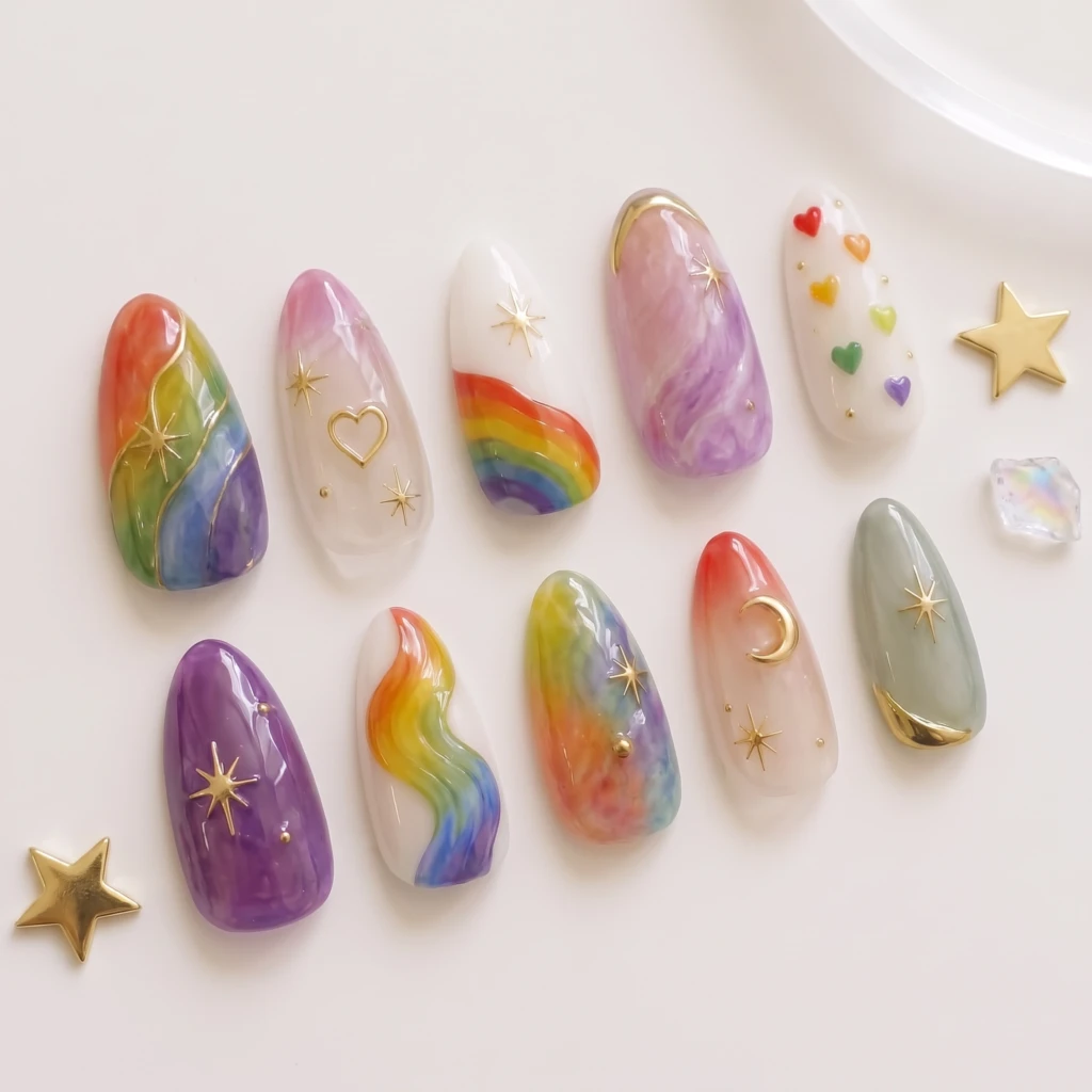 Rainbow Celestial Star Moon, Press On Nails Set, Pride Month Celebration