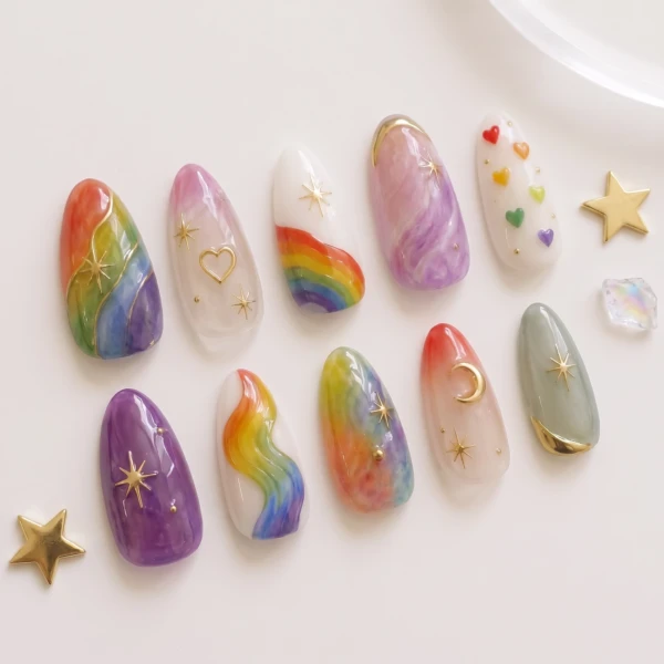 Rainbow Celestial Star Moon, Press On Nails Set, Pride Month Celebration
