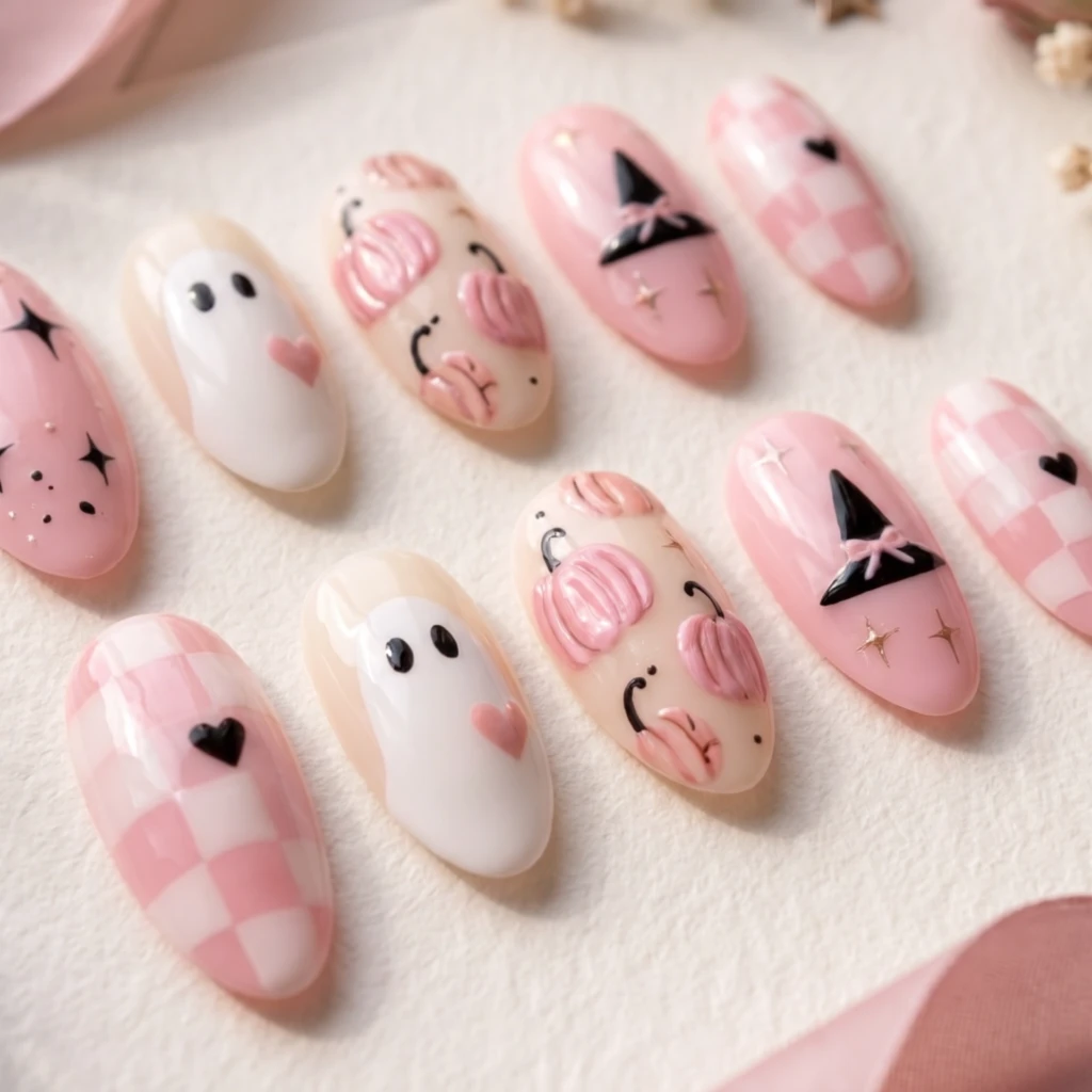 Pink Ghost Pumpkin Art, Coquette Press On Nails, Cute Halloween Party Gift