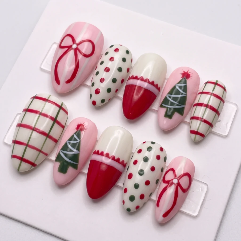 Pink And Red Holiday Tree Nails, Short Almond, Christmas Party Manicure