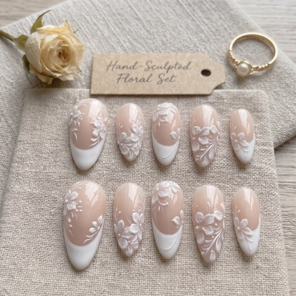 White 3D Floral French Tips, Almond Press On Nails, Bridal Wedding Manicure
