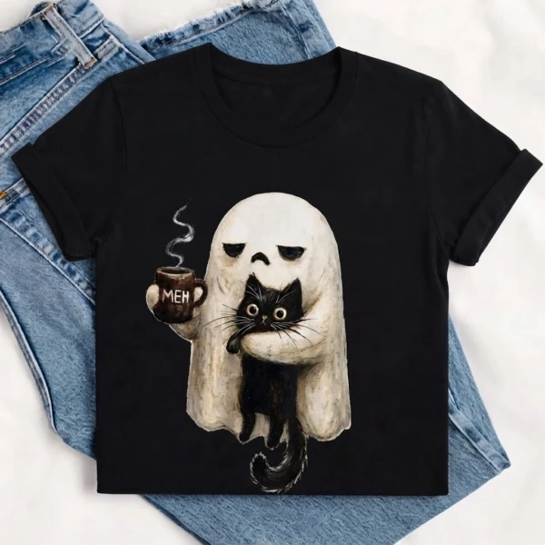 Ghost Cat Meh Coffee Mug Graphic Print, Unisex T-Shirt, Funny Halloween Gift