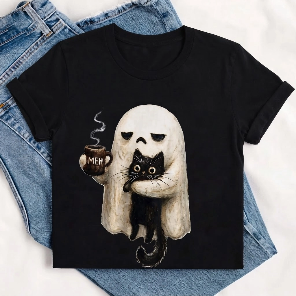 Ghost Cat Meh Coffee Mug Graphic Print, Unisex T-Shirt, Funny Halloween Gift