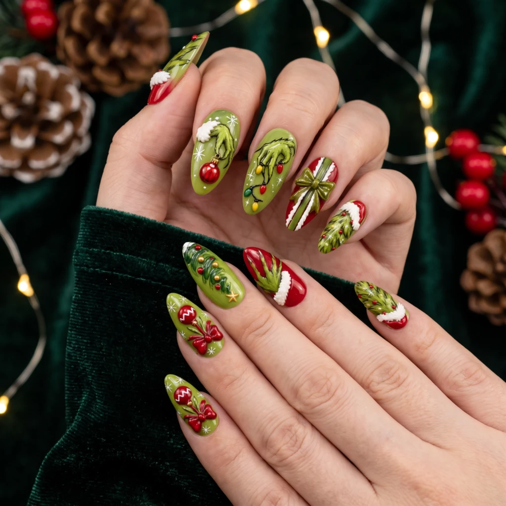 Green And Red Christmas Bow Tree Art, Press On Nails, Holiday Party Gift