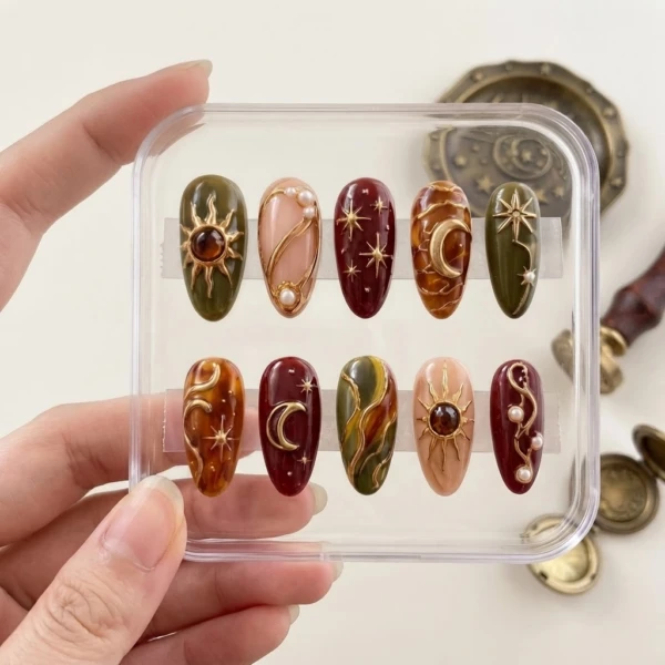 Dark Multicolor Celestial Sun Moon Press On Nails, Dark Academia Gift Set