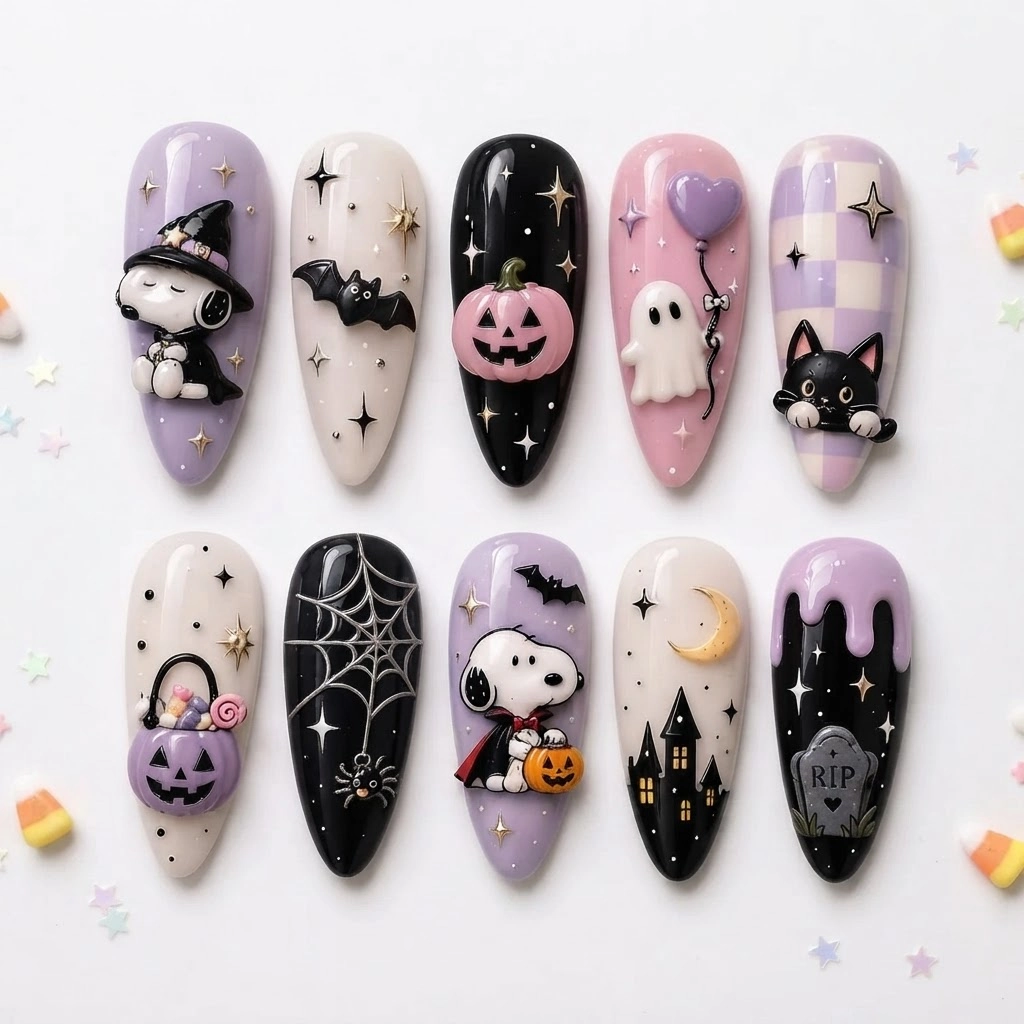 Pastel Halloween Snoopy Pumpkin Ghost, Press On Nails, For Fall Parties