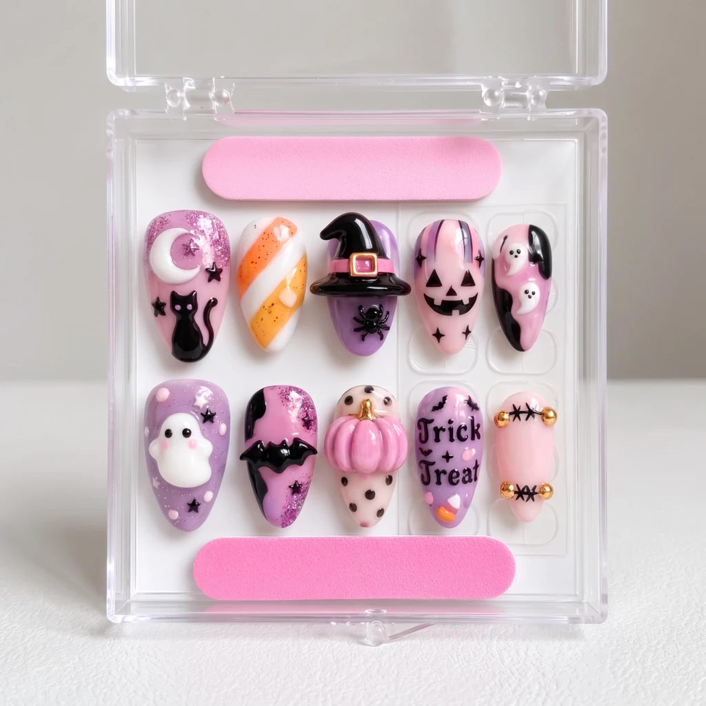 Pink And Purple 3D Trick Or Treat, Press On Nails, Halloween Costume Party
