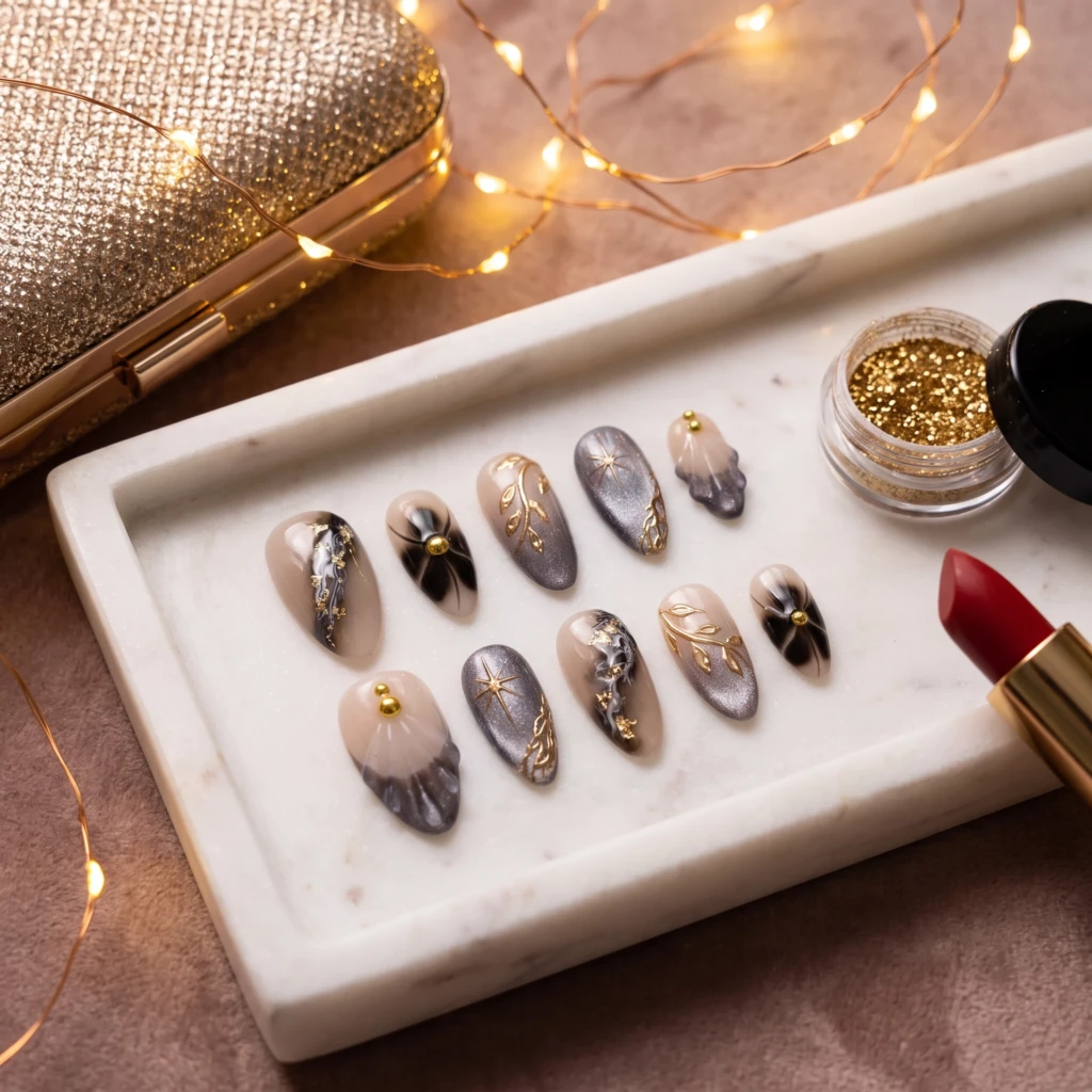 Black Aura Cat Eye Gold Star Nails, Short Almond Nails, Holiday Party Wear