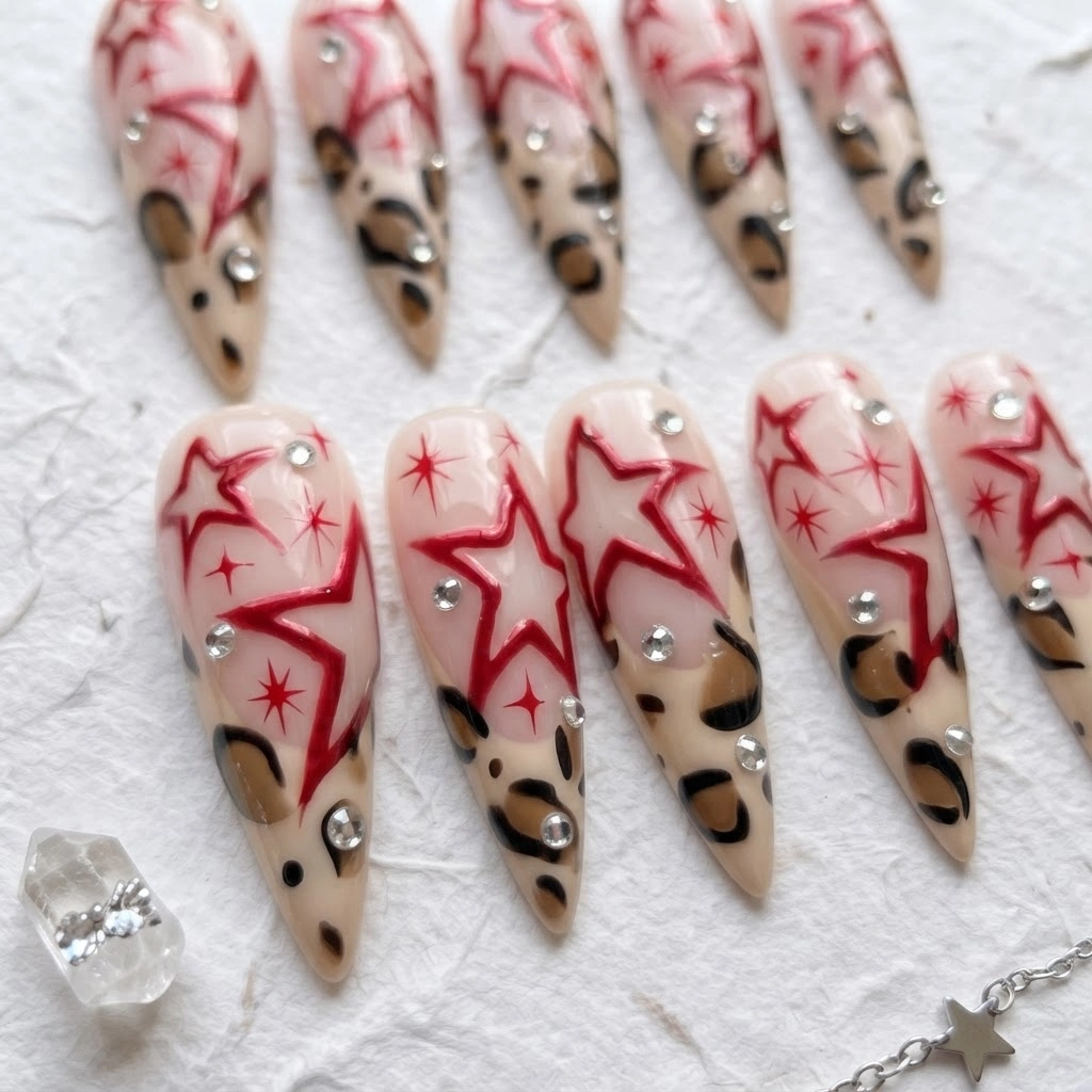 Nude Red Star Leopard Print Design, Y2K Stiletto Press On Nails, For Party Wear