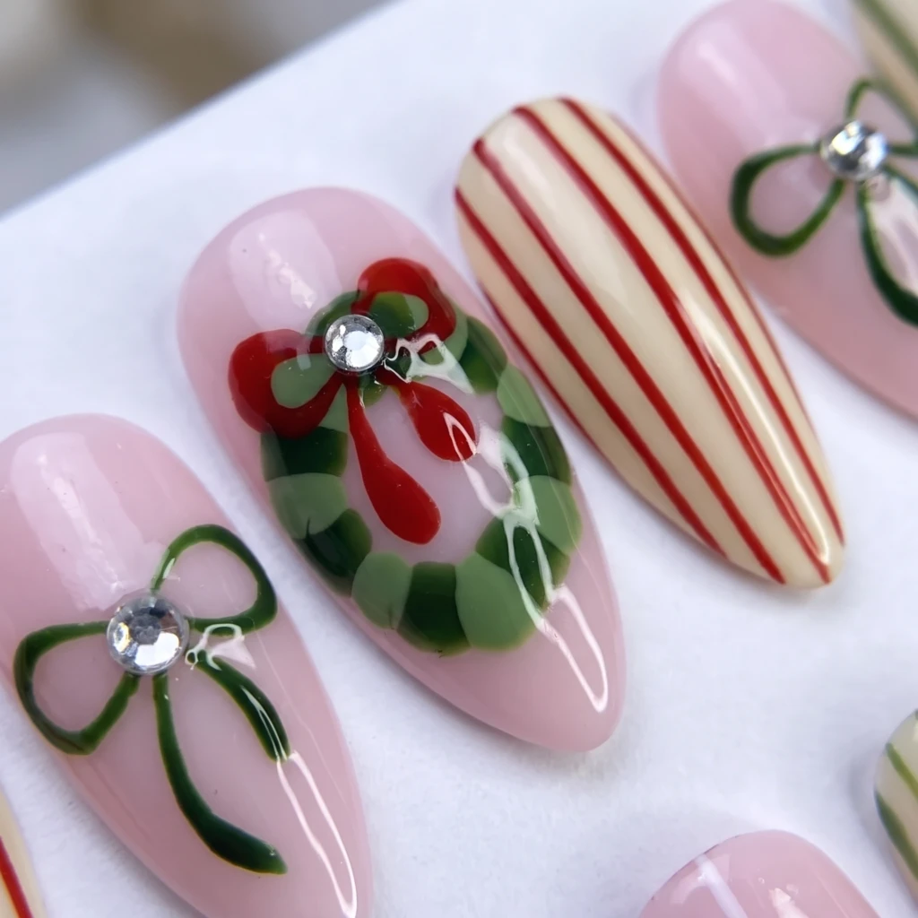 Red And Green Christmas Wreath Bow, Almond Press On Nails, Holiday Party