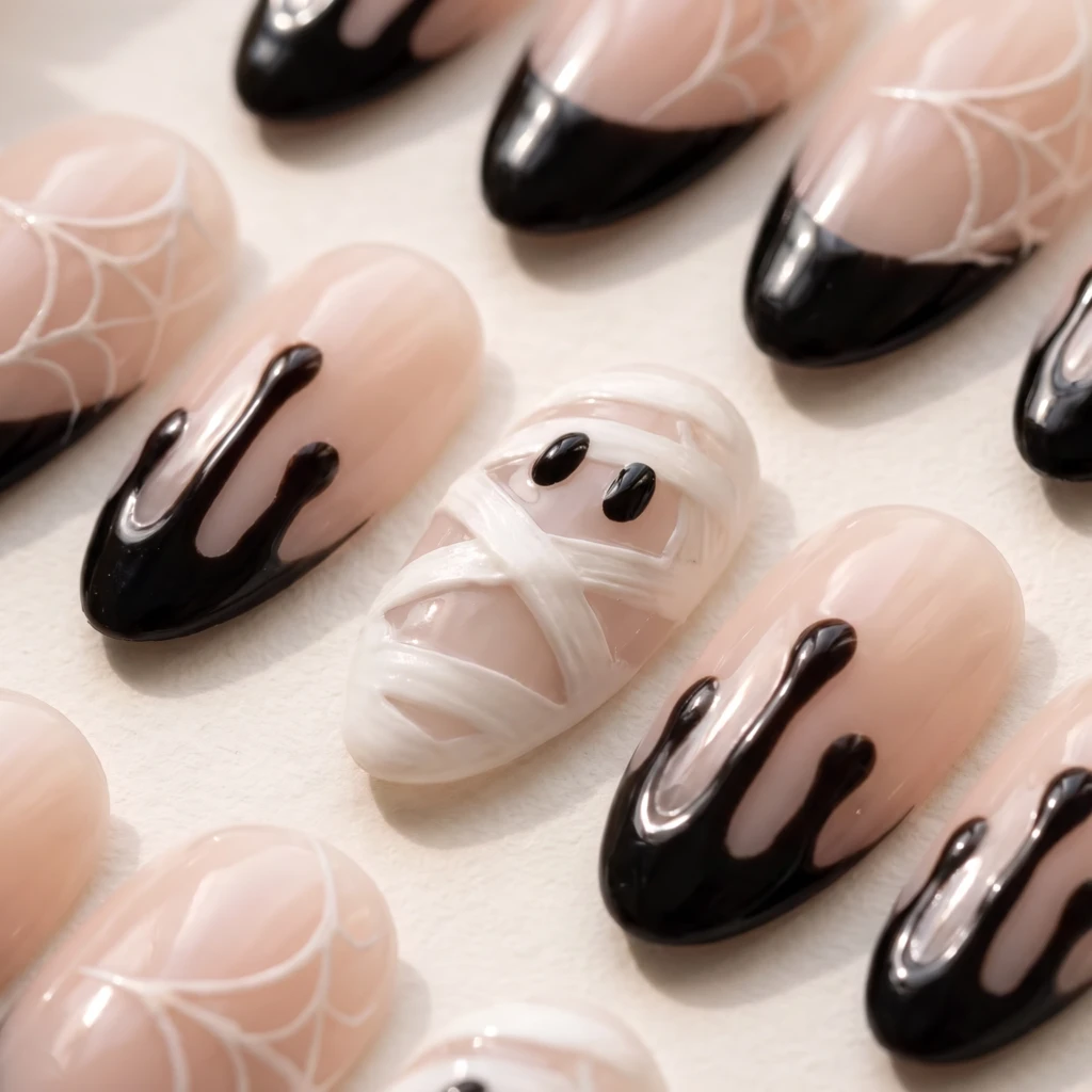 Black Mummy And Spiderweb Tips, Almond Press On Nails, Halloween Party Gift